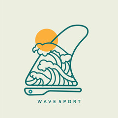 Vector illustration style vintage surfing theme badge design. For t-shirt prints  posters  stickers and other uses.Tropical beach line icon  concept sign  outline vector illustration  linear symbol.