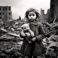 portrait of a little girl with a doll in the war