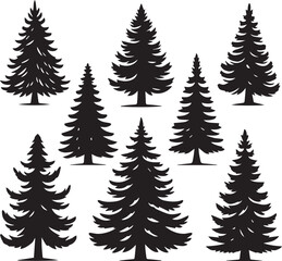 Obraz premium Silhouette Solid Vector Icon Set Of Christmas Tree, Yule tree, Fir tree, Tannenbaum, Evergreen, Conifer, Pine tree, Holiday tree, Festive tree, Decorated tree, Seasonal tree.
