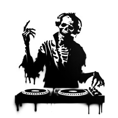 a zombie DJ in stencil-art style,black and white, generative ai