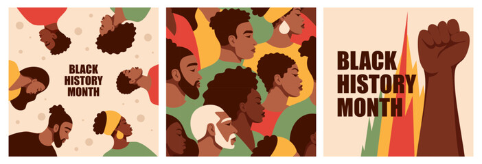 A set of layouts with African Americans. Black men and women. Fist.Black History Month. Cartoon, flat, vector illustration.