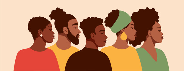A group portrait of black people. African American men and women. Black History Month. Cartoon, flat, vector illustration - obrazy, fototapety, plakaty