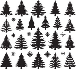 Obraz premium Silhouette Solid Vector Icon Set Of Christmas Tree, Yule tree, Fir tree, Tannenbaum, Evergreen, Conifer, Pine tree, Holiday tree, Festive tree, Decorated tree, Seasonal tree.