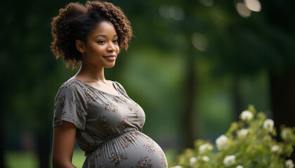 African American pregnant woman. Beautiful pregnant black woman hugging her tummy, enjoying her pregnancy, free space. Side view of African American expecting lady standing next to window at home