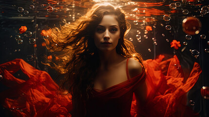 Fototapeta premium A woman in a red dress floating under water, surrounded by bubbles