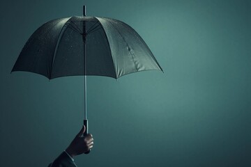 Man's hand holding an umbrella on a blue-green background with copy space. Protection and safety concept.