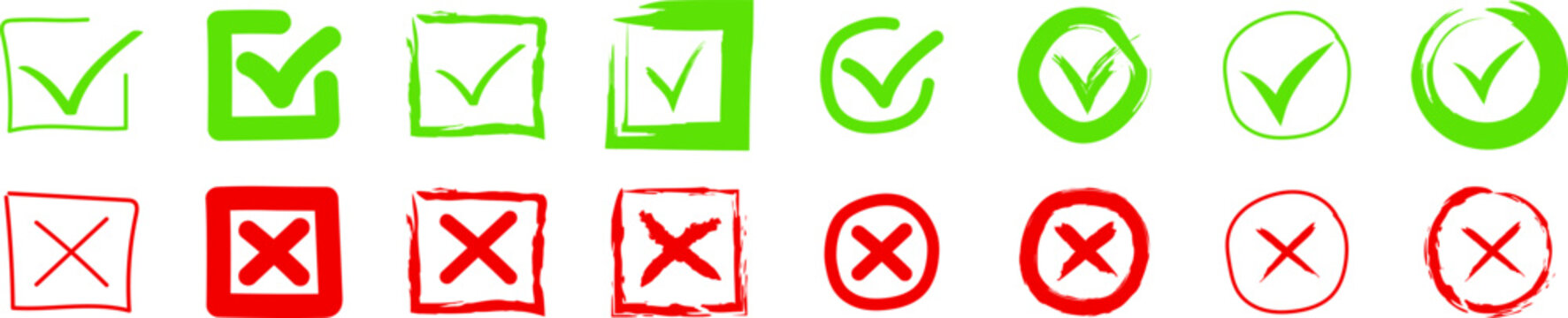 Set of hand-drawn check mark and cross. Consent sign, checkmark, ok and X icons. Vector set on transparent background. Vector EPS 10 and PNG image
