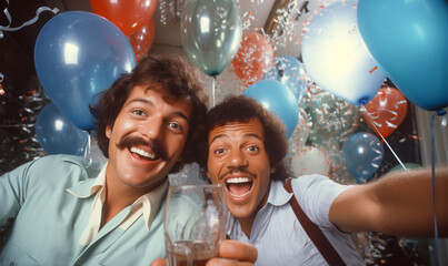 Vintage office celebration party with friends having a great time with old-fashioned clothes and retro style.