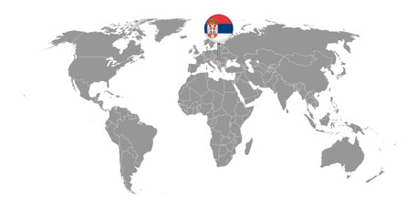 Pin map with Serbia flag on world map. Vector illustration.