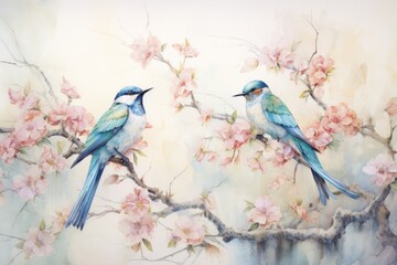  a painting of two blue birds sitting on a branch of a tree with pink flowers in the foreground and a watercolor painting of pink flowers in the background.