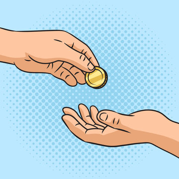 Man gives money coin to another man pinup pop art retro hand drawn vector illustration. Comic book style imitation.
