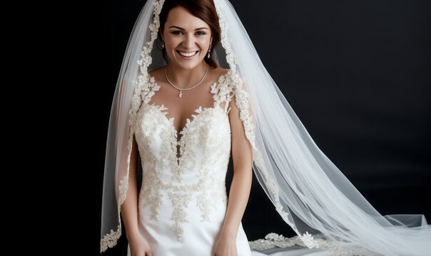 Radiant Bride in Elegant Gown Laughing, Vintage Style Bridal Portrait with Flowing Veil, Timeless Wedding Day Happiness - Powered by Adobe