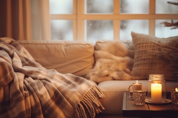 Cozy winter interior with candles, 