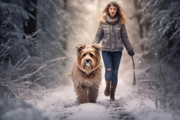 Young girl and her dog enjoying a snowy day - AI-generated.
