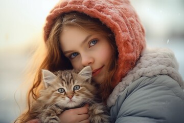 Winter warmth with girl and kitten. 