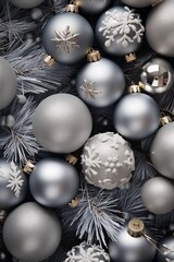 Elegant silver Christmas ornaments and pine needles.