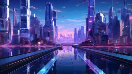 panorama of the modern city at night, 3d render illustration