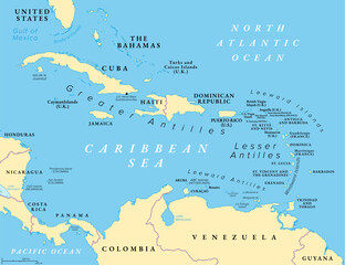 The Caribbean Sea and its islands, political map. The Caribbean, a subregion of the Americas, with the West Indies, compromising independent island countries and dependencies in three archipelagos.