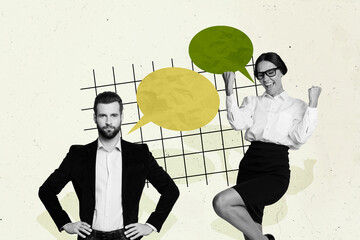 Pop pinup collage banner poster of chief business person guy hire lady give successful job...