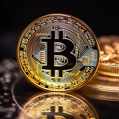 Fototapeta na wymiar A golden bitcoin coin is placed on a black surface