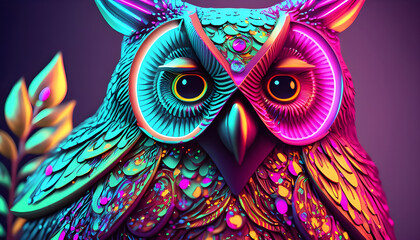 Owl in neon blue and pink color.