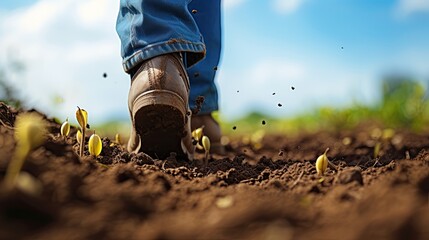 Harvesting Dreams: A Person Sowing Seeds in Fertile Dark Brown Soil. The concept revolves around the cycle of life, growth, and abundance as represented by a person actively sowing seeds in rich soil. - obrazy, fototapety, plakaty