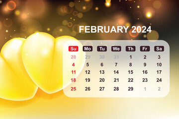 Calendar for February 2024 with love background. Vector Illustration
