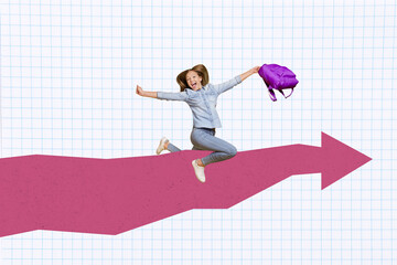 Creative image photo collage young schoolgirl riding pink arrow forward direction holding backpack go lesson class checkered background