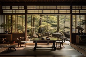 modern classic japanese interior living room background with forest and tree views