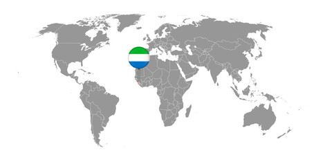 Pin map with Sierra Leone flag on world map. Vector illustration.