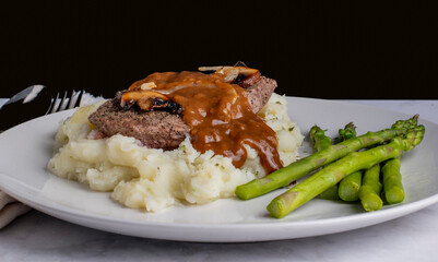 steak top with mushrooms and onions  on mash potatoes