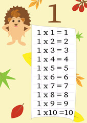 Multiplication table with a task to consolidate knowledge of multiplication. Colorful cartoon multiplication table vector for teaching math. Cartoon dinosaurs. EPS10