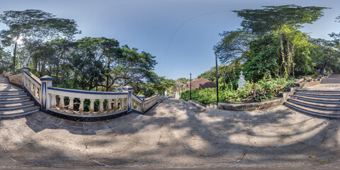 full seamless spherical 360 hdri panorama on old concrete staircase, remains of an ancient more...