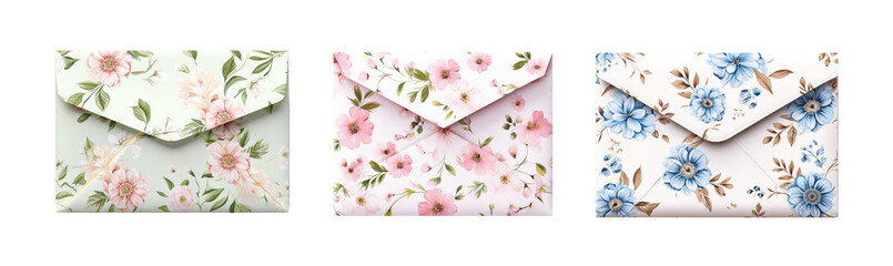Set of flowers print envelopes on transparent background.