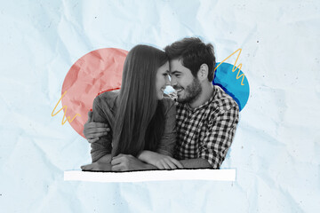 Horizontal photo collage of sweet couple cuddling face close touch smile laugh kiss romantic date...