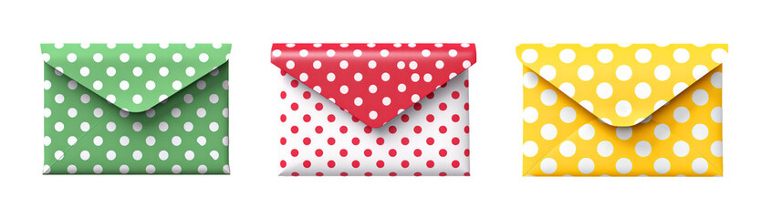 Set of polka dots envelopes on transparent background.