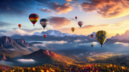 A captivating HD photograph highlighting the vibrant colors of hot air balloons floating above a majestic mountain, creating a mesmerizing and enchanting aerial scene.
