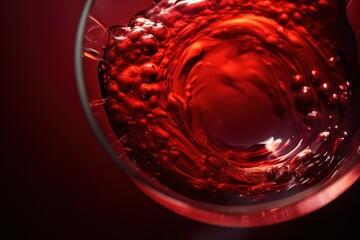 a close up of a wine glass with a red liquid inside of it on a black background with a red light in the middle of the glass and a red background.