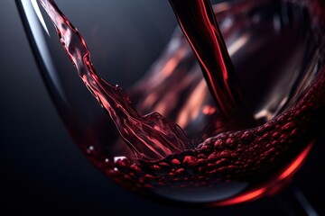  a close up of a wine glass with a red liquid pouring out of the top of the glass and a red liquid pouring out of the bottom of the glass. - obrazy, fototapety, plakaty