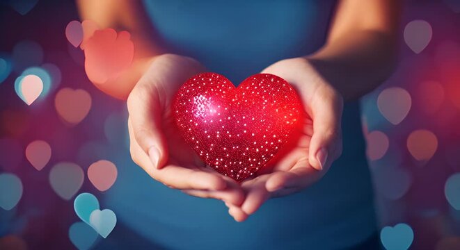 The woman hand is holding a glistering red heart on teal blue background. Abstract glowing Heart with Bokeh.
