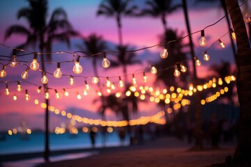  a string of lights hanging from a palm tree next to the ocean at sunset with palm trees in the foreground and a beach in the background with a pink and purple sky.