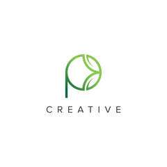 Abstract leaf logo with P letter vector template.