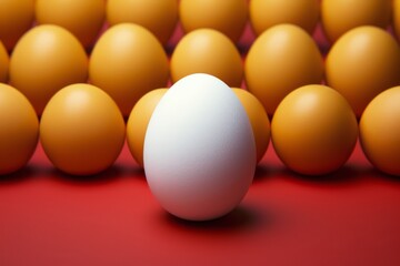 Leadership concept, white egg in front of a group of yellow eggs.
