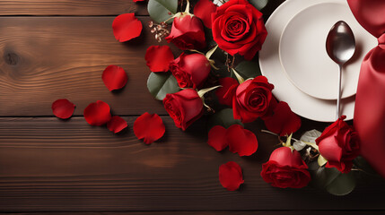 Valentine's day table setting with red roses on wooden background
