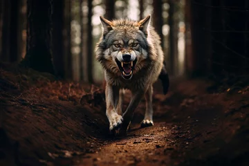 Poster Angry lone wolf walking alone in a forest path, showing teeth, front face ready to attack © mozZz