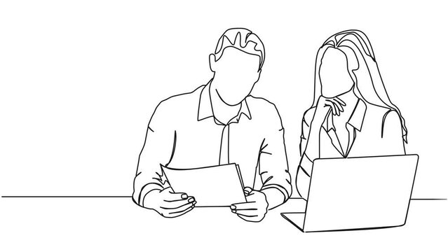 animated continuous single line drawing of businessman and businesswoman discussing documents, business meeting line art animation