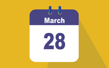 Calendar on yellow background. 28 March . Vector illustration.
