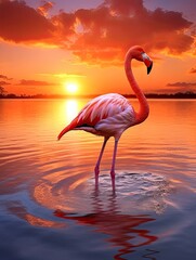 Fototapeta premium Beautiful pink flamingo in lake with reflection on beautiful sunset background. Generative AI