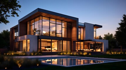 Modern Luxury Home in the garden at dusk. Perspective view.