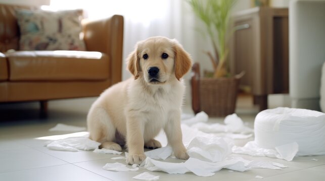 Dog is at home entertaining by eating toilet paper. puppy dog playing with paper lying on bed. Young crazy dog is making mess at home.